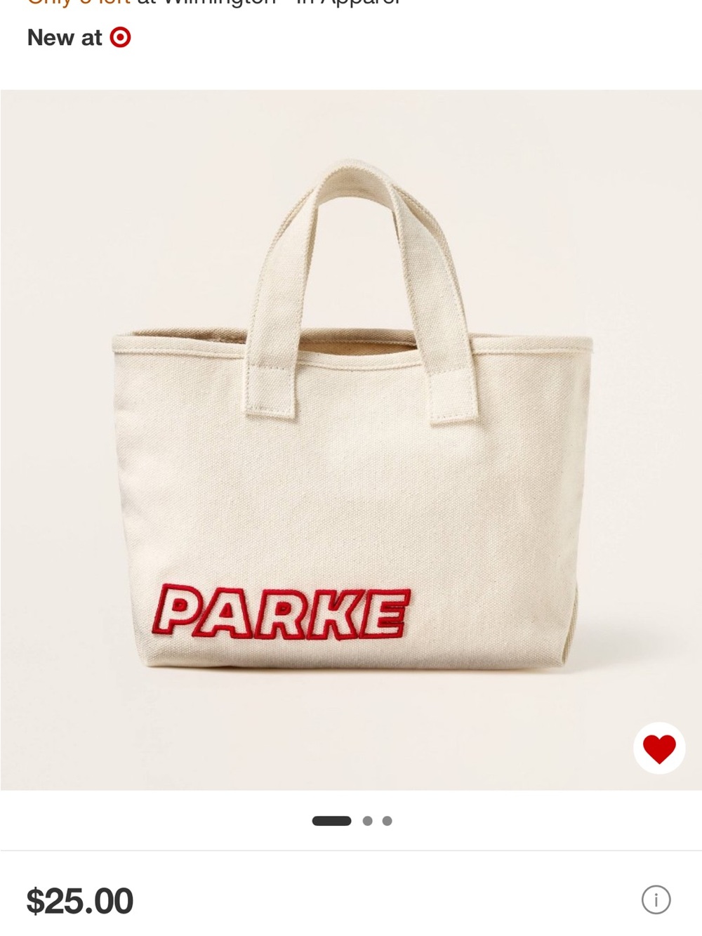 Can ship asap - Mini Size - Parker Cream Canvas Tote with Red Logo Patch